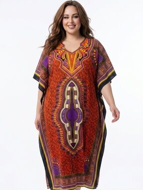 CALIFORNIA WOMAN | Orange & Purple Medallion Print Caftan Drawstring Waist OSFM